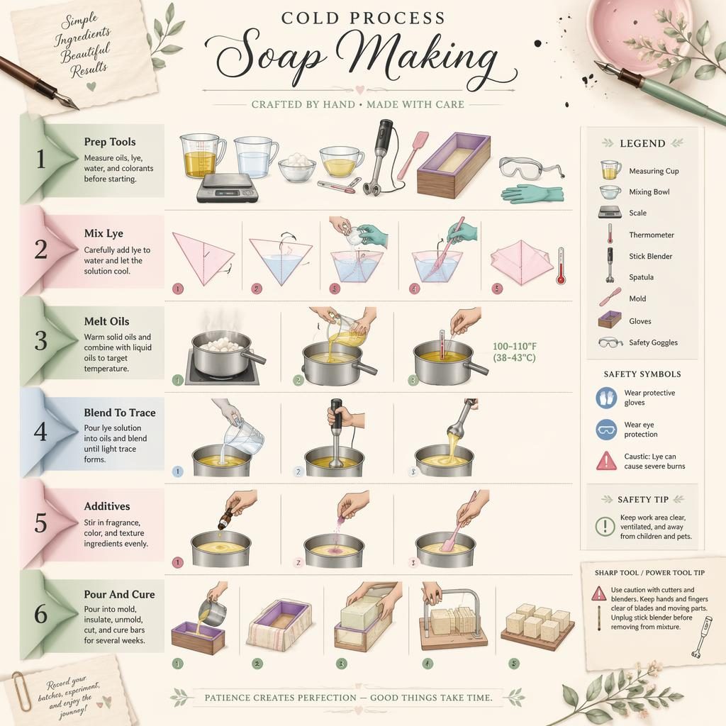Pastellige DIY-Infografik mit 6 nummerierten Schritten zur Cold-Process-Seifenherstellung im Papierfalten-Stil.
