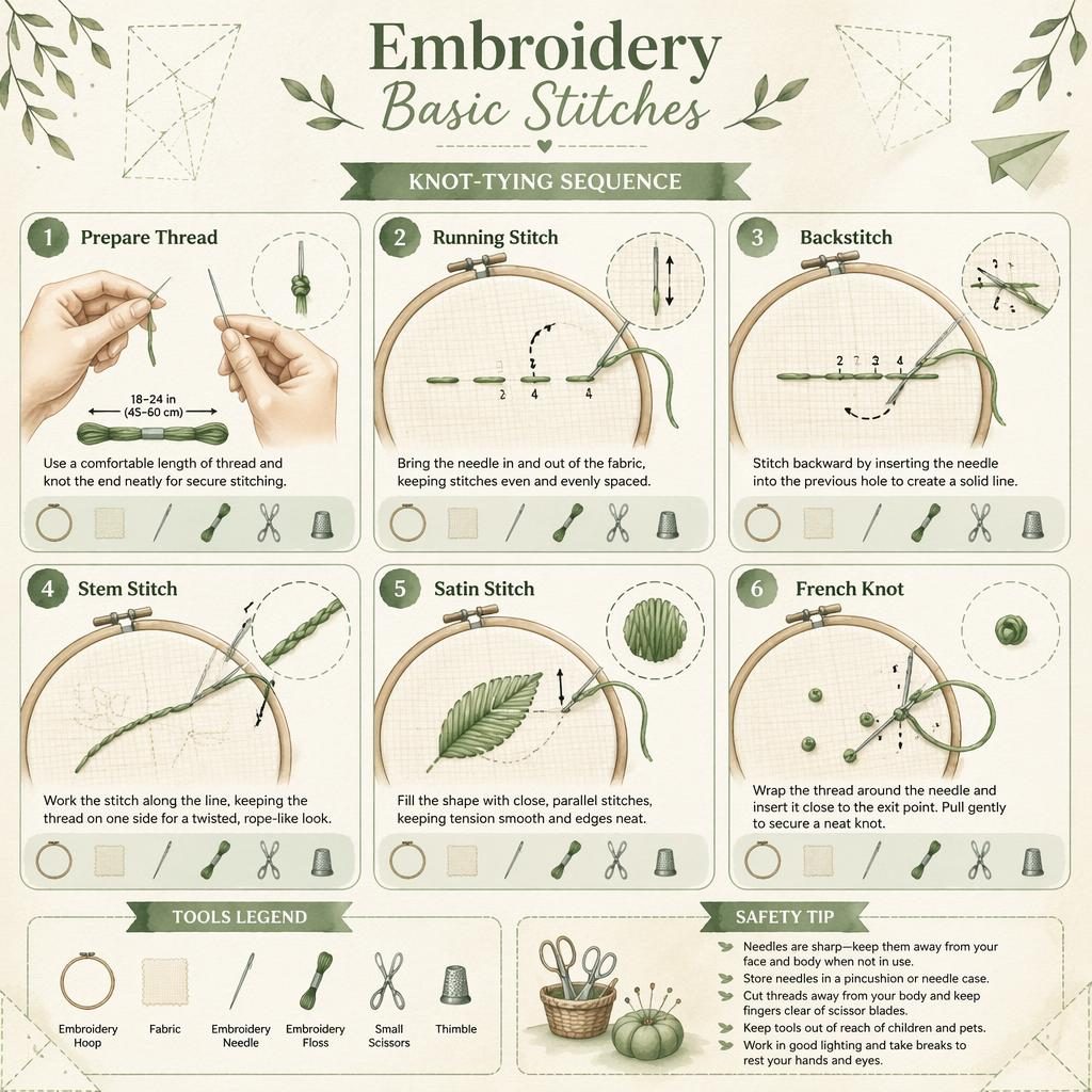 Watercolor embroidery infographic with 6 numbered stitch steps, tool icons, hand diagrams, and subtle paper airplane folding template.