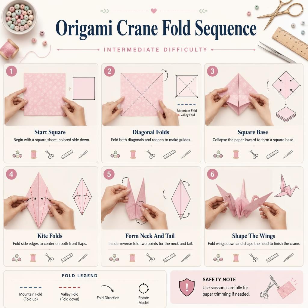 Pastel DIY infographic showing 6 numbered origami crane folding steps with hands, diagrams, English labels, legends, and tool icons.