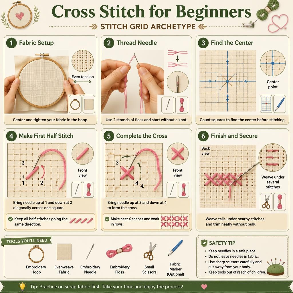 Flat craft infographic with 6 cross stitch steps, stitch grids, tool icons, arrows, front/back views, and safety tip.