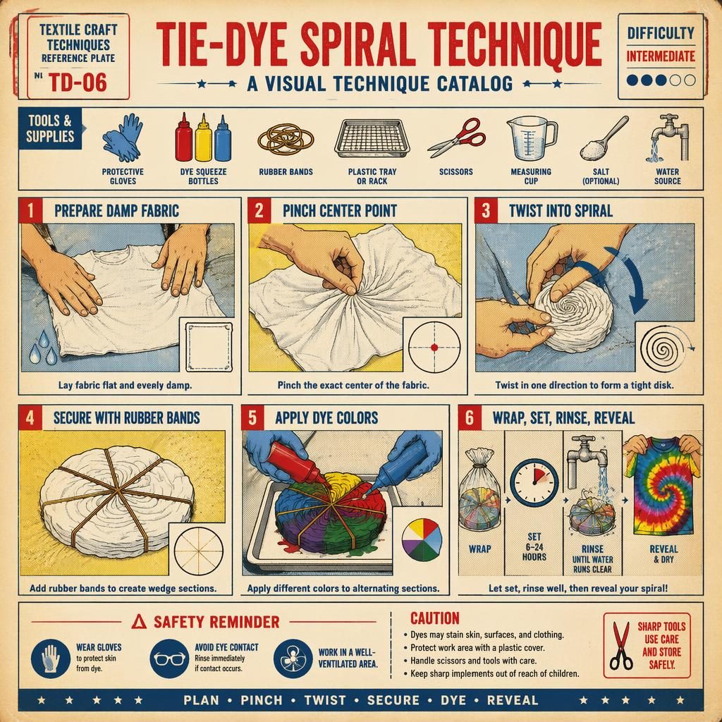 Vintage-style infographic with 6 numbered panels showing tie-dye spiral steps, hands, tools, labels, and safety notes.