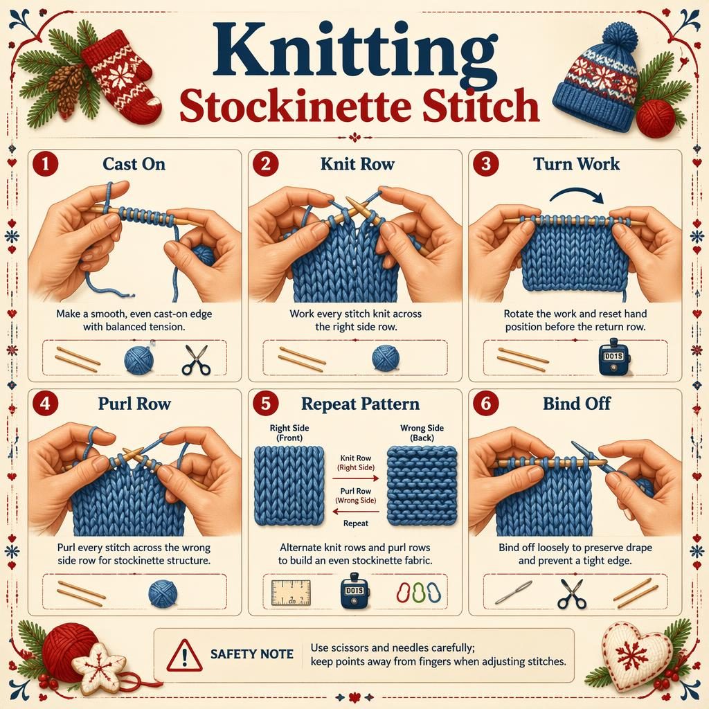 Vintage-style knitting stockinette stitch infographic with 6 numbered steps, hand diagrams, tool icons, and safety note.
