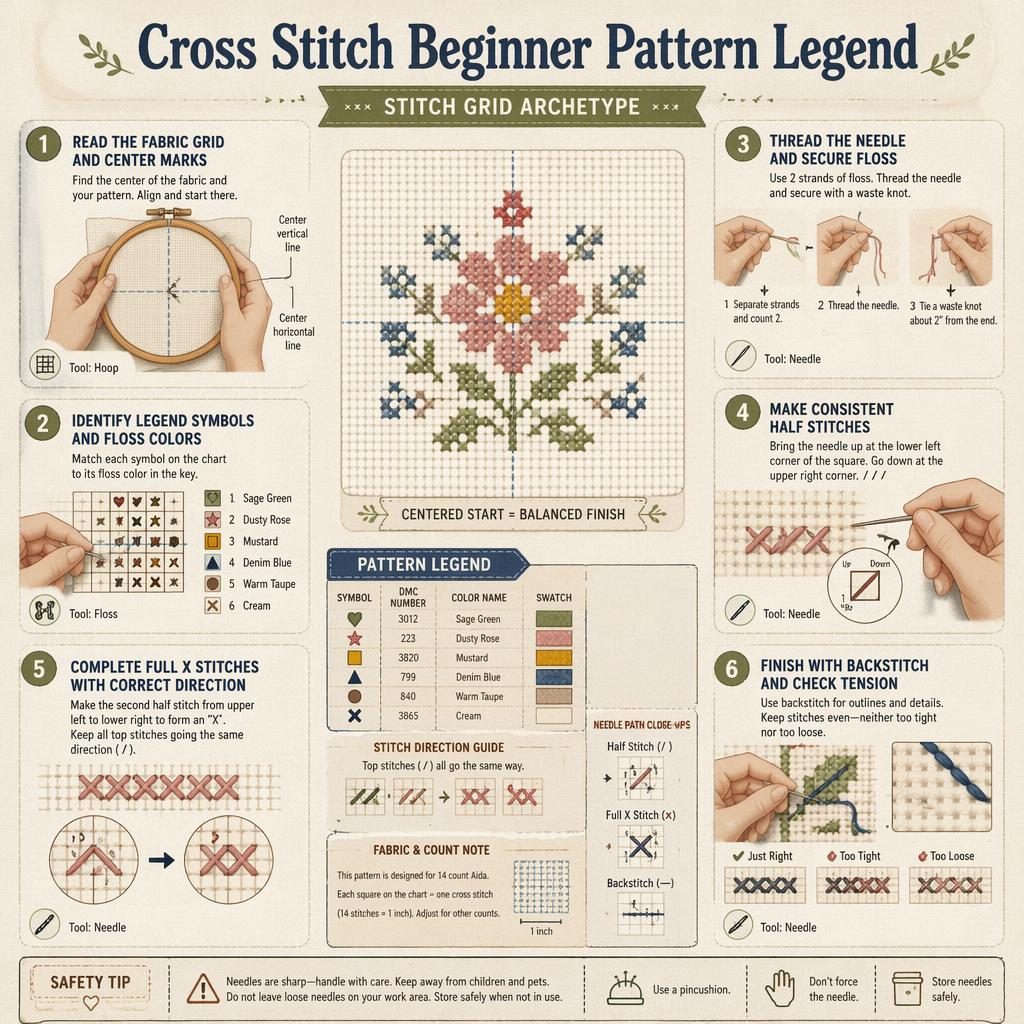 DIY-Infografik mit Kreuzstich-Sticklegende, 6 nummerierten Schritten, zentralem Stichraster, Händen, Icons und Erdpalette.