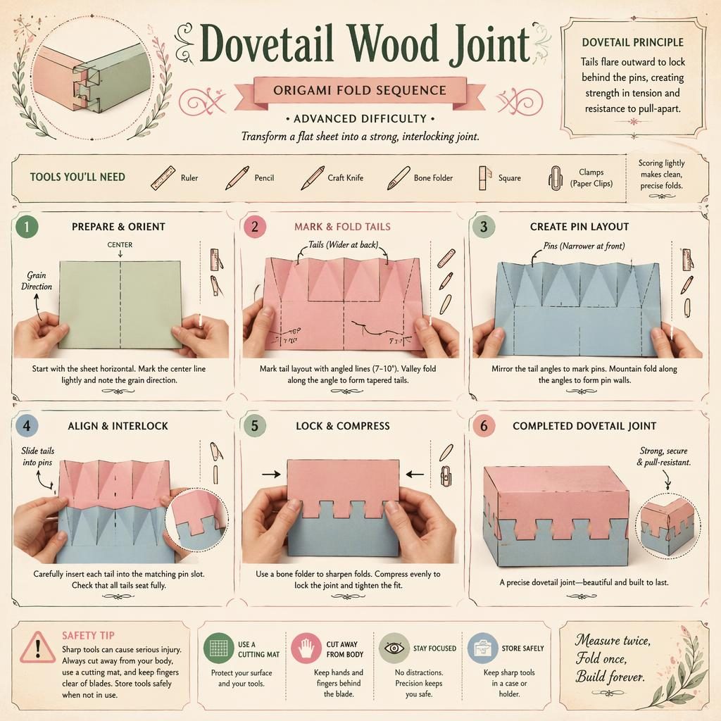 Pastel DIY infographic with 6 numbered origami-style steps showing a dovetail wood joint, hands, tool icons, and safety tip.