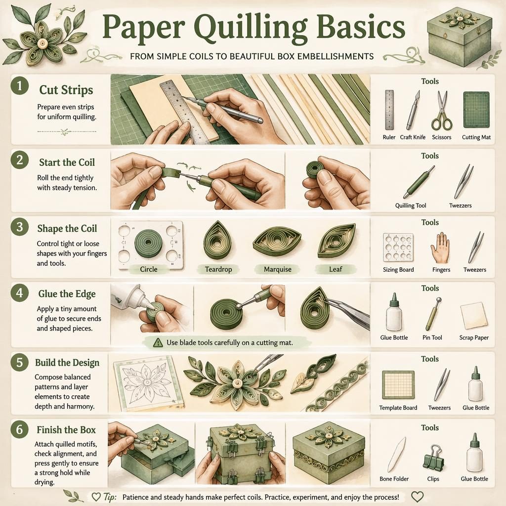 Vertikale DIY-Infografik zu Paper Quilling Basics mit 6 Schritten, Händen, Werkzeugicons und kleiner Pappbox in Salbei-Creme.