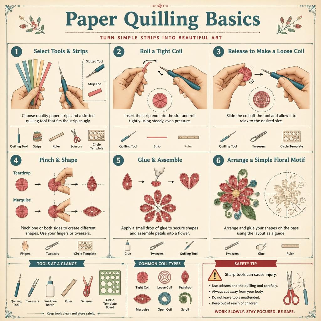 Vintage-style craft infographic with 6 numbered quilling steps, hand diagrams, tool icons, arrows, legend, and safety tip.