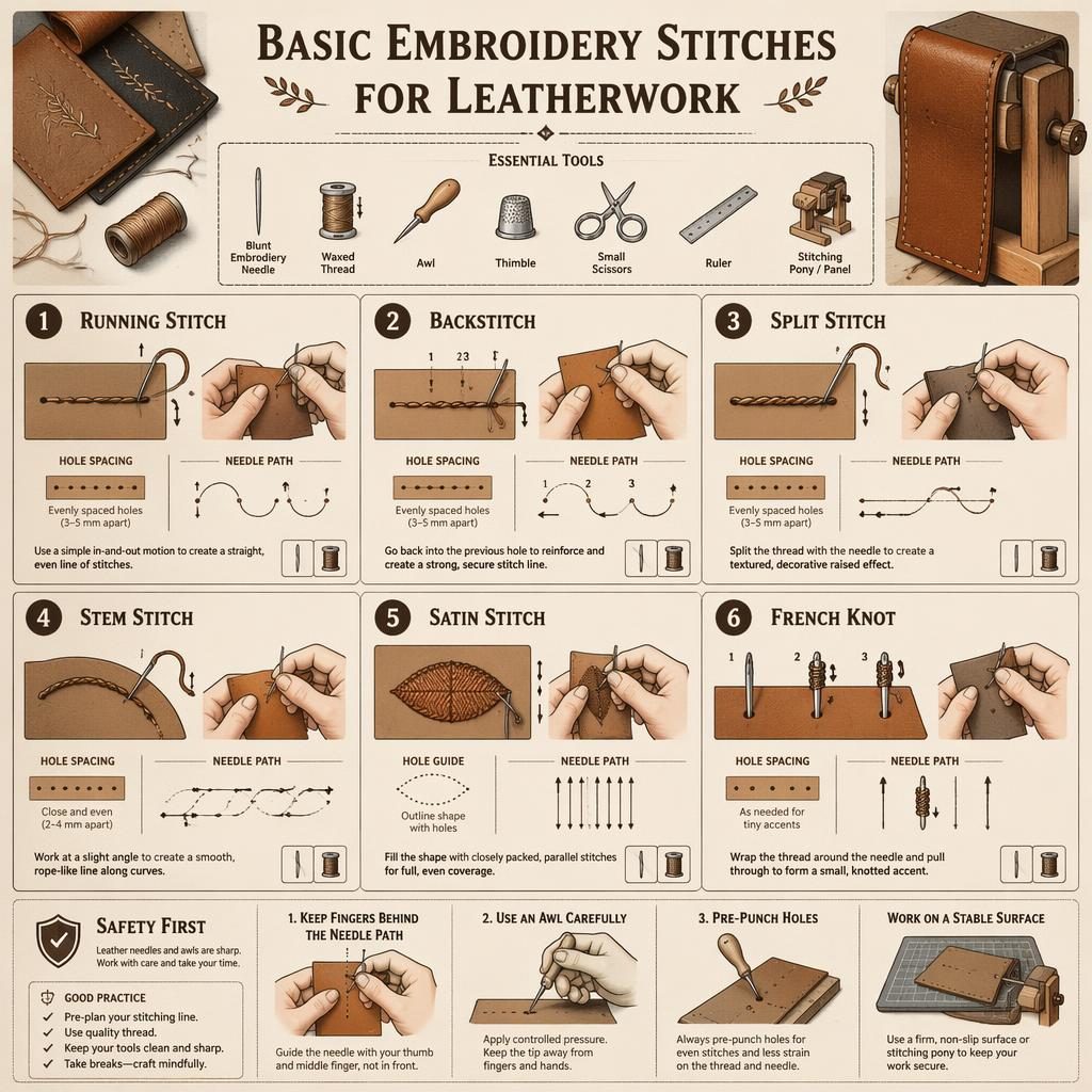 Monochrome DIY infographic showing 6 basic embroidery stitches for leatherwork in a numbered grid with tools and safety tip.