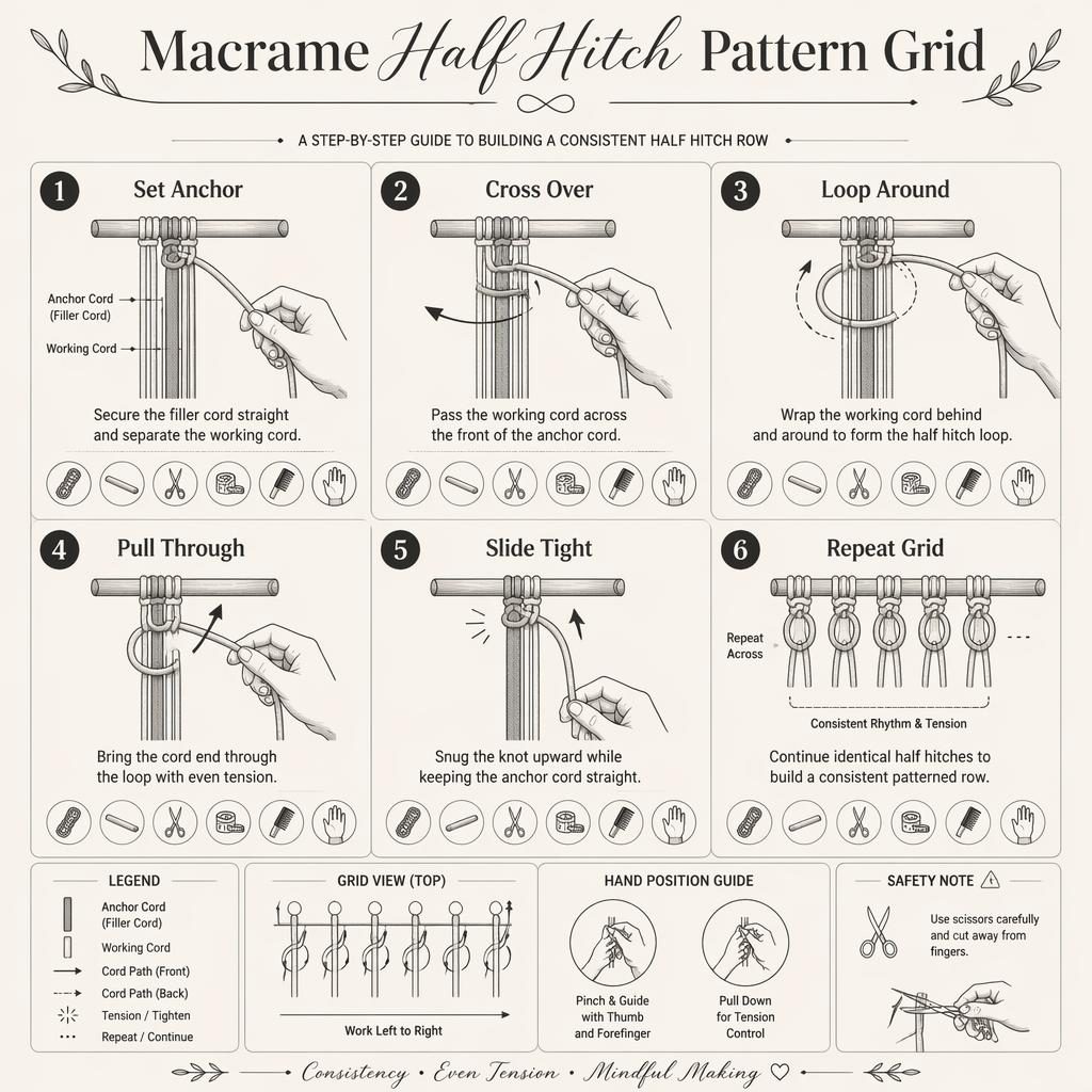 Monochrome macrame infographic with 6 numbered half hitch steps, hand diagrams, arrows, tool icons, and safety note.