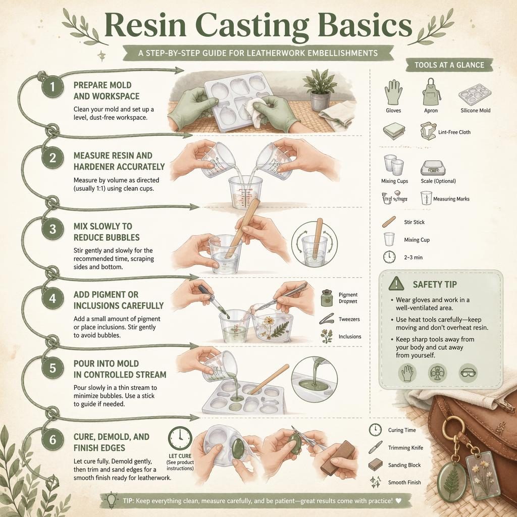 Vertical watercolor infographic with 6 numbered resin casting steps, hand diagrams, tools, safety tip, sage and cream palette.