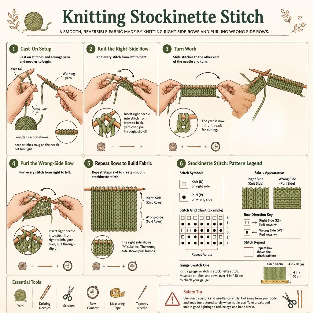DIY-Infografik zu Stockinette Stitch mit 6 nummerierten Strickschritten, Stichraster, Legende, Handdiagrammen und Werkzeugsymbolen.