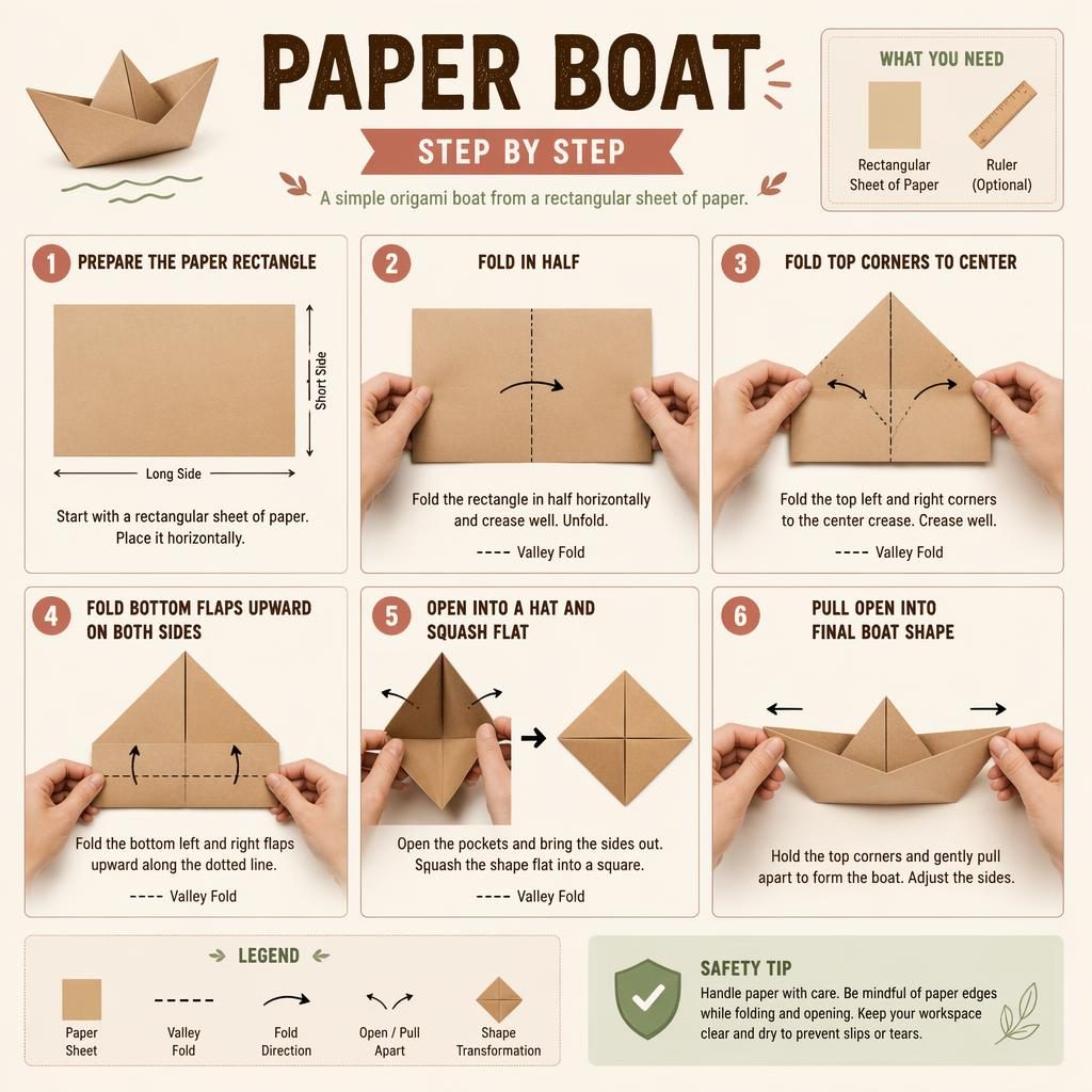 Minimal craft infographic showing 6 numbered steps to fold a paper boat, with hands, arrows, captions, and warm natural colors.