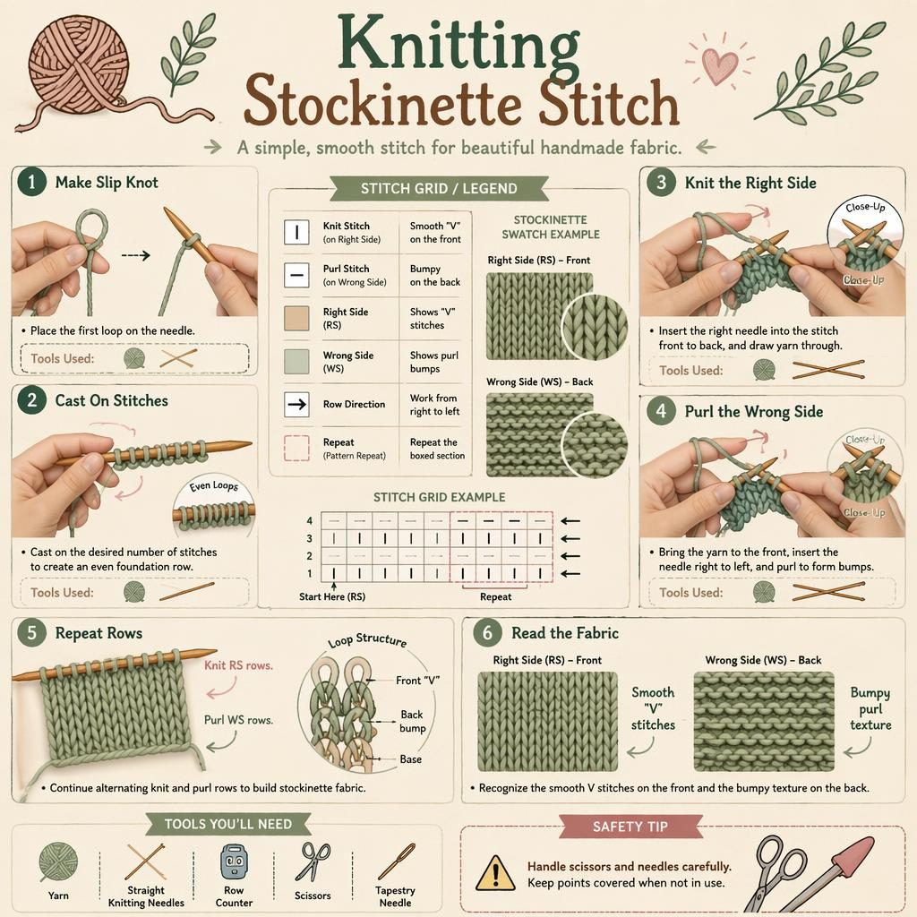 DIY-Infografik zum glatt rechts stricken mit Maschenraster, 6 Schritten, Händen, Nadeln, Garn, Legende und Symbolen.