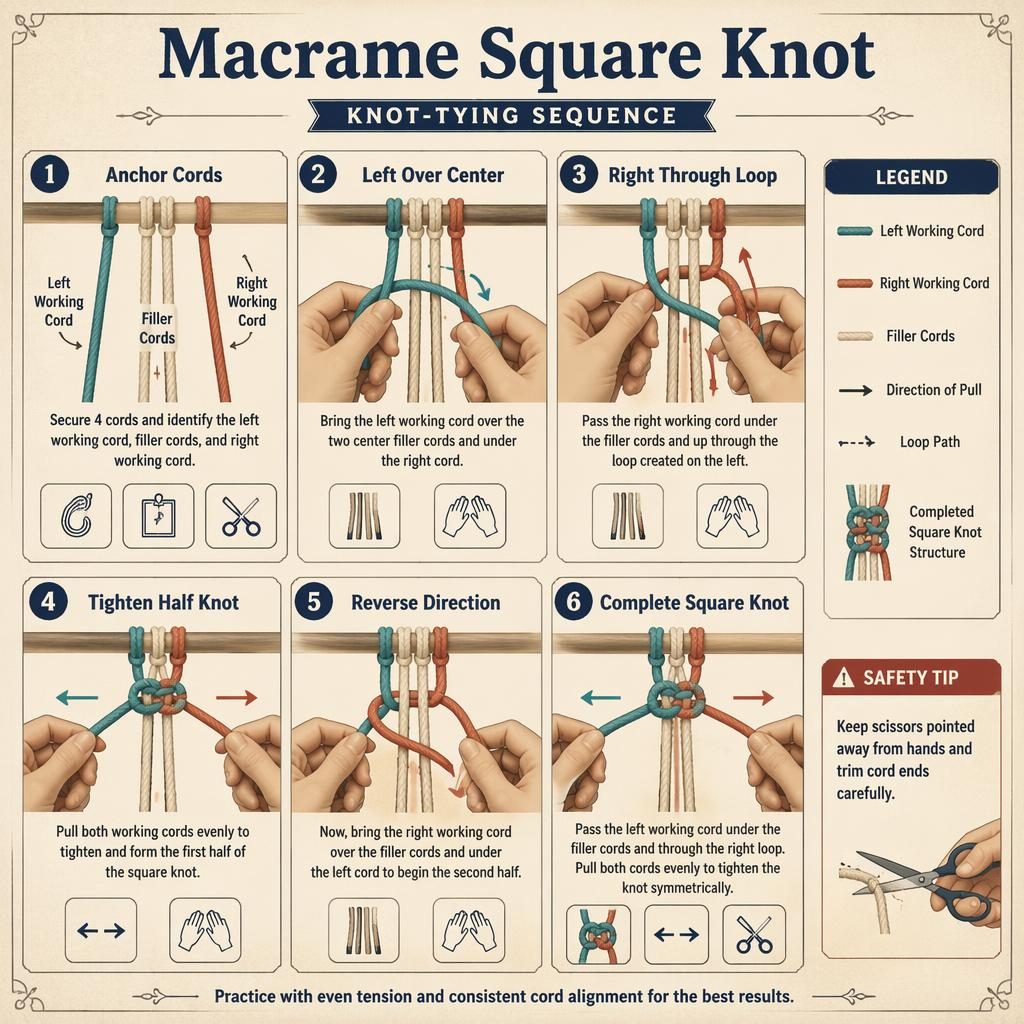 Vintage-style macrame square knot infographic with 6 numbered steps, hand diagrams, cord labels, tool icons, and safety tip.