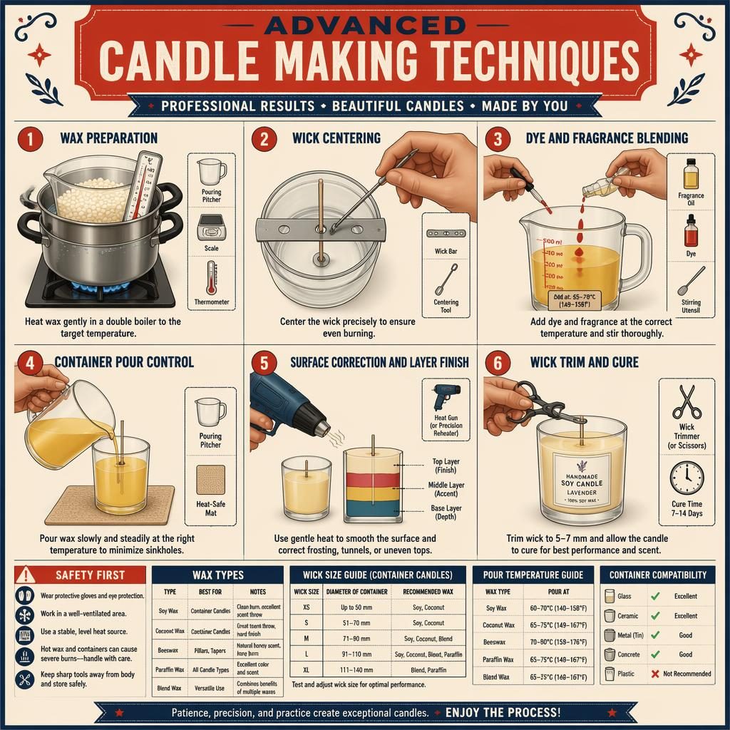 Vintage-style candle making infographic with 6 numbered steps, safety callout, legends, tool icons, and hands shown correctly.