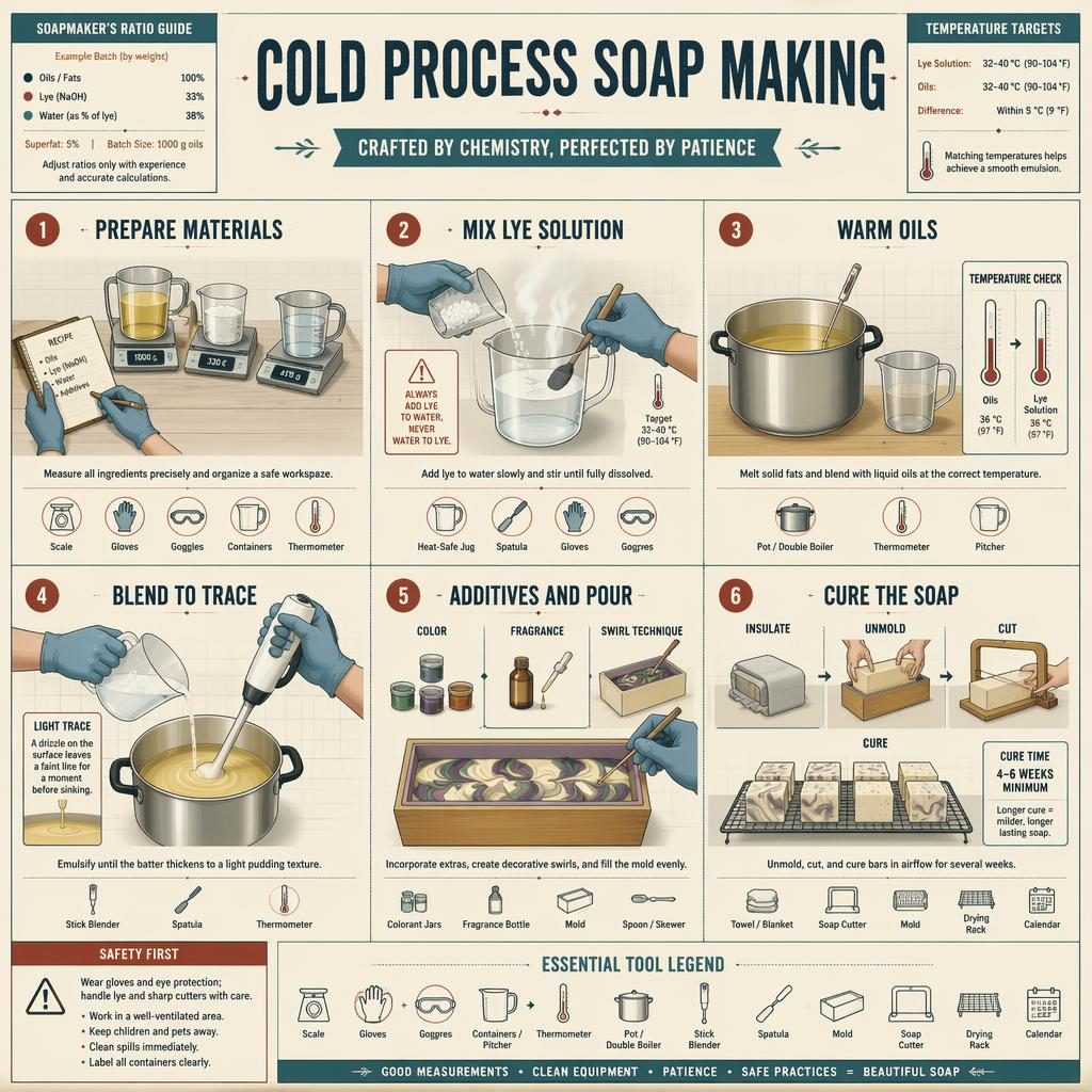 Vintage-style 6-step infographic showing cold process soap making with numbered diagrams, hand positions, tools, captions, and safety notes.