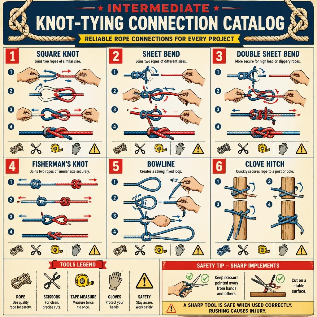 Vintage-Infografik mit 6 nummerierten Knotenfeldern im Raster, Handdiagrammen, Pfeilen, Werkzeugicons und Sicherheitstipp.