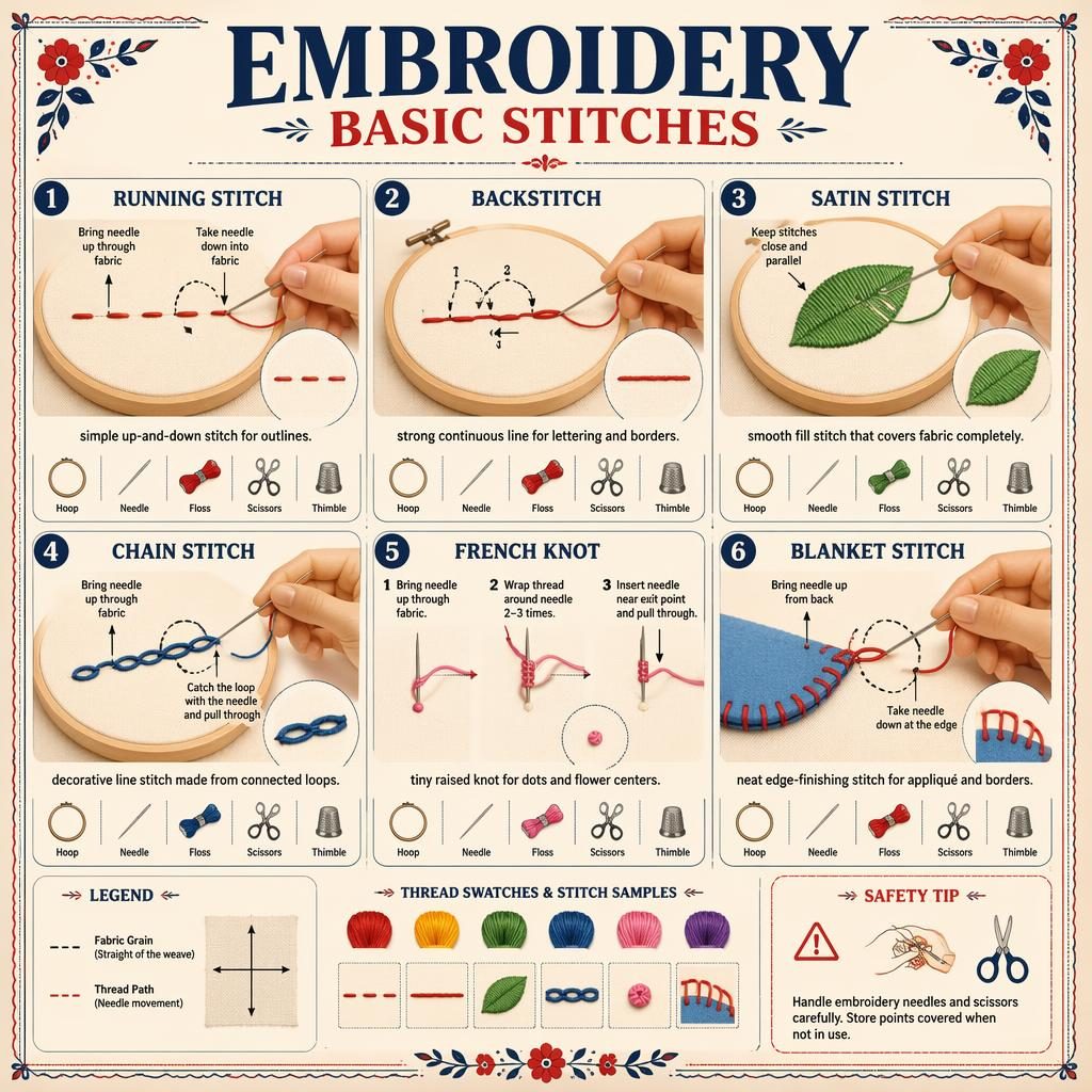 Vintage-style embroidery infographic with 6 numbered basic stitches, labeled diagrams, tools, arrows, and safety tip panel