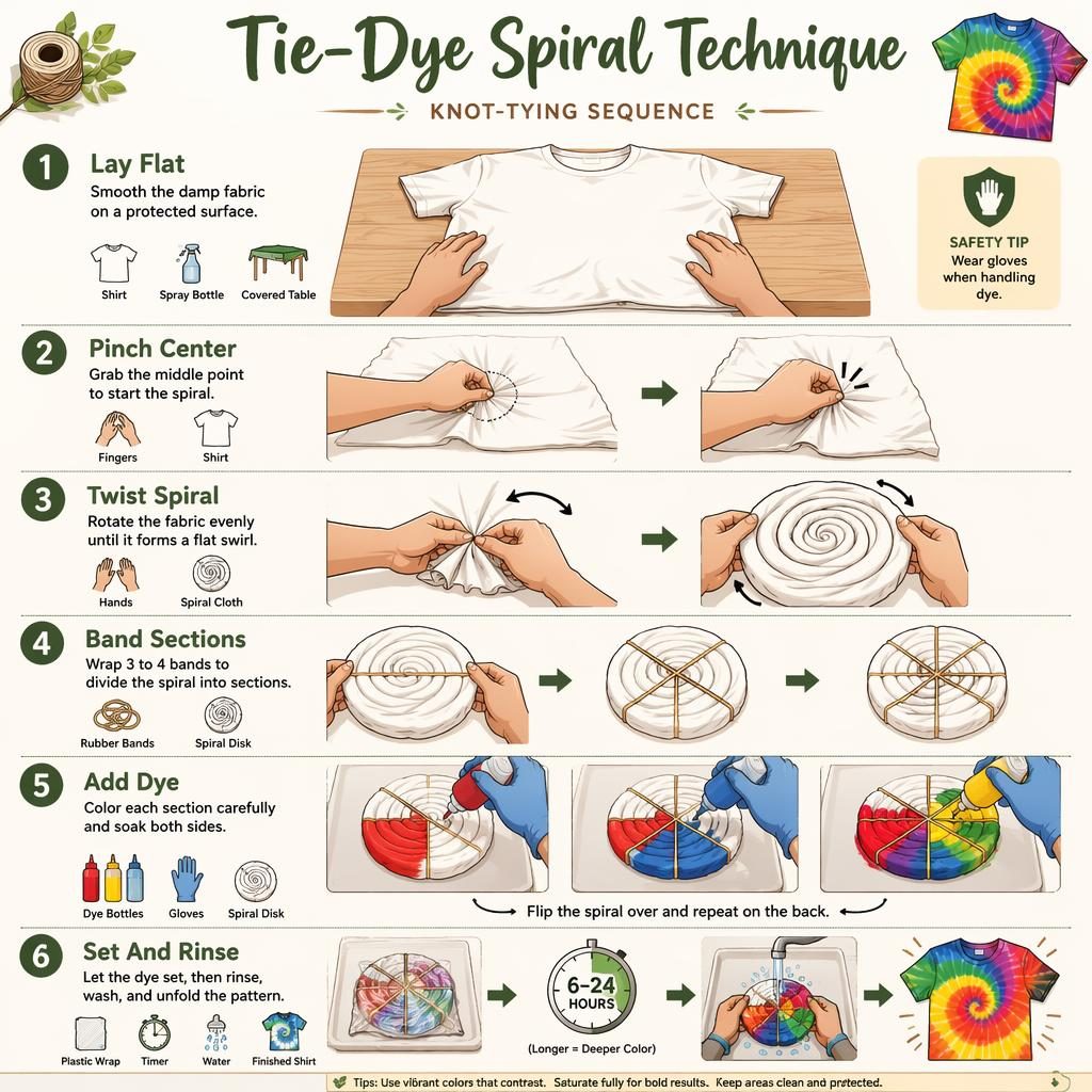 Minimal flat infographic shows 6 numbered steps for a beginner tie-dye spiral T-shirt with hands, tools, arrows, and safety tip.