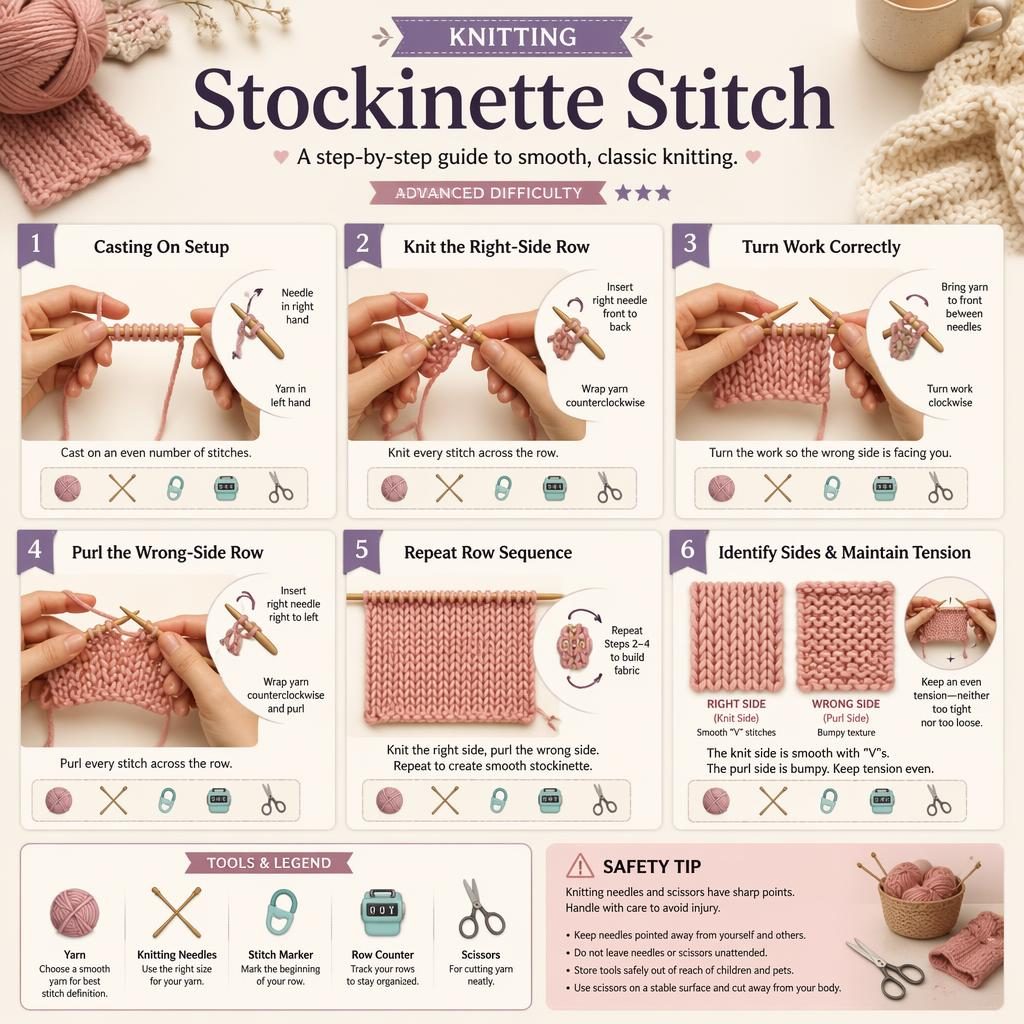 Pastel knitting infographic with 6 numbered steps for stockinette stitch, hand diagrams, tool icons, captions, and safety tip.