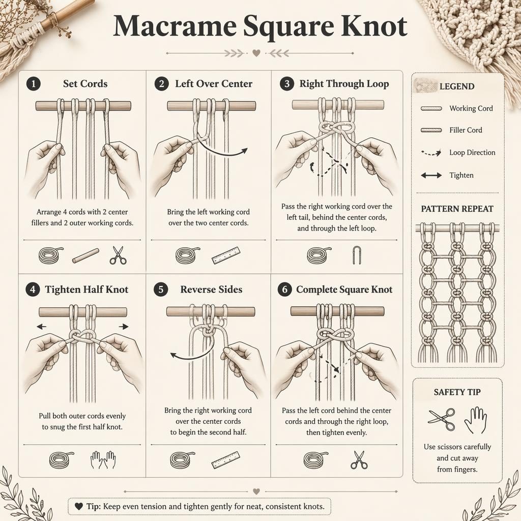 Vertical macrame square knot infographic with 6 numbered steps, hand diagrams, cord icons, side legend, and knot repeat panel.