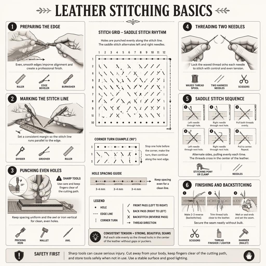Vertical monochrome infographic showing 6 leather stitching steps around a central knit stitch chart style grid panel.