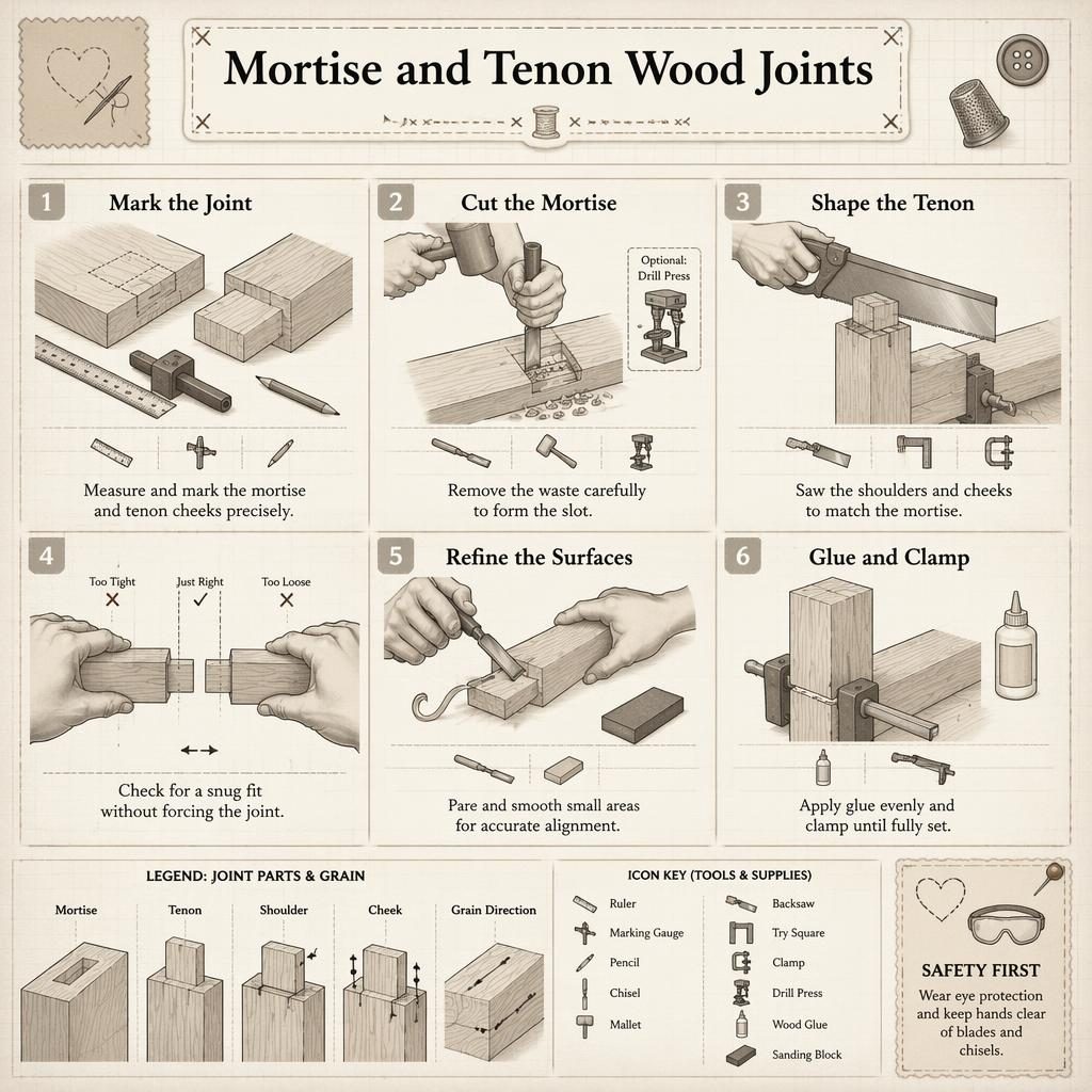 Monochrome DIY infographic grid showing 6 mortise and tenon steps, tool icons, safety note, and stitch-grid craft styling.