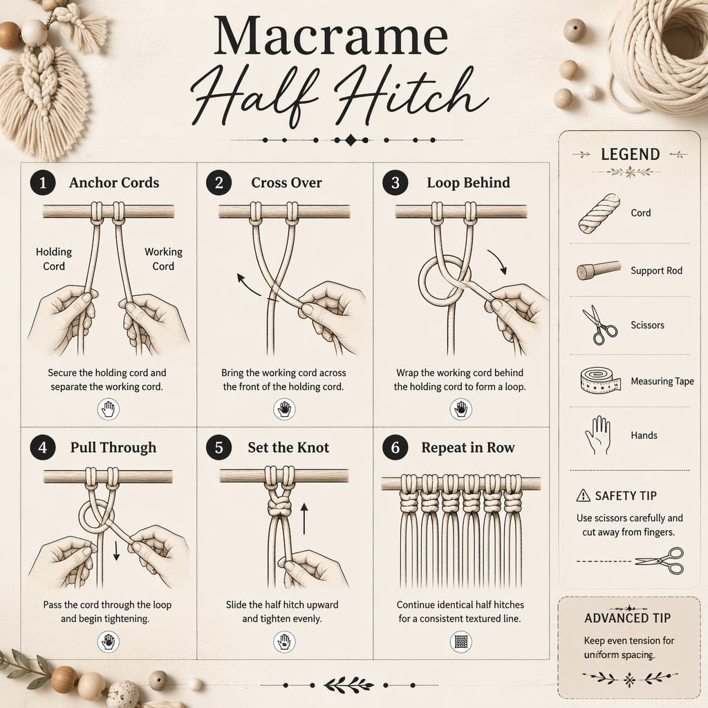 Monochrome DIY infographic grid showing 6 macrame half hitch steps with hands, cord diagrams, tool icons, legend, and tip.