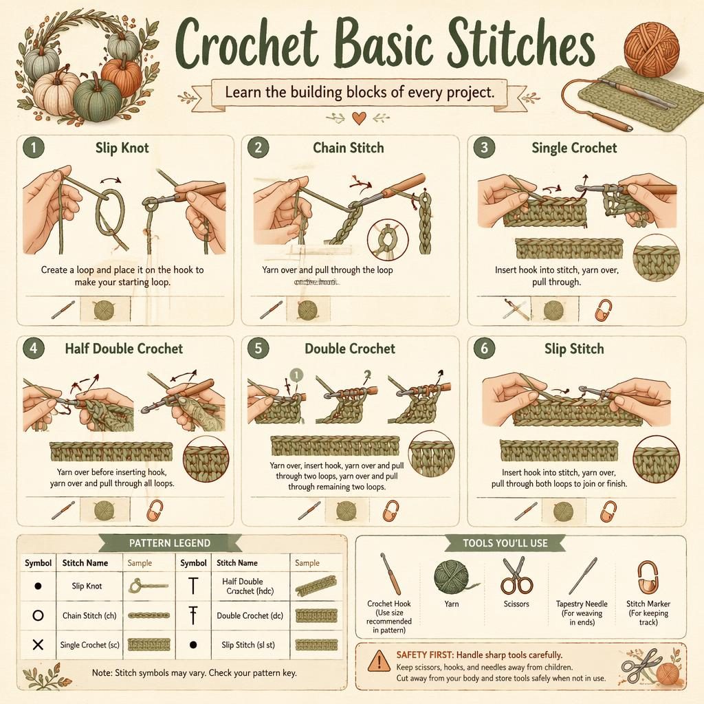 Crochet Basic Stitches infographic with 6 numbered stitch diagrams, hand positions, hook, yarn, tools, and symbol legend.