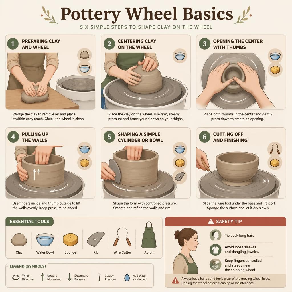 Flat DIY infographic titled Pottery Wheel Basics with 6 numbered beginner wheel-throwing steps, tool icons, arrows, and safety tip