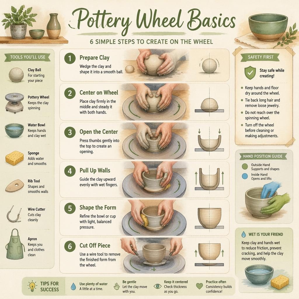 Aquarell-Infografik mit 6 Schritten zu Töpferscheibe-Grundlagen, Werkzeug-Icons, Handpositionen und Sicherheitshinweis.