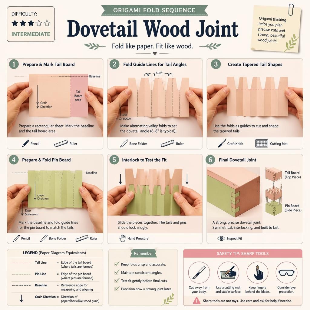 Pastel DIY infographic showing 6 numbered paper-fold style steps explaining a dovetail wood joint with hands, icons, labels, and safety panel.