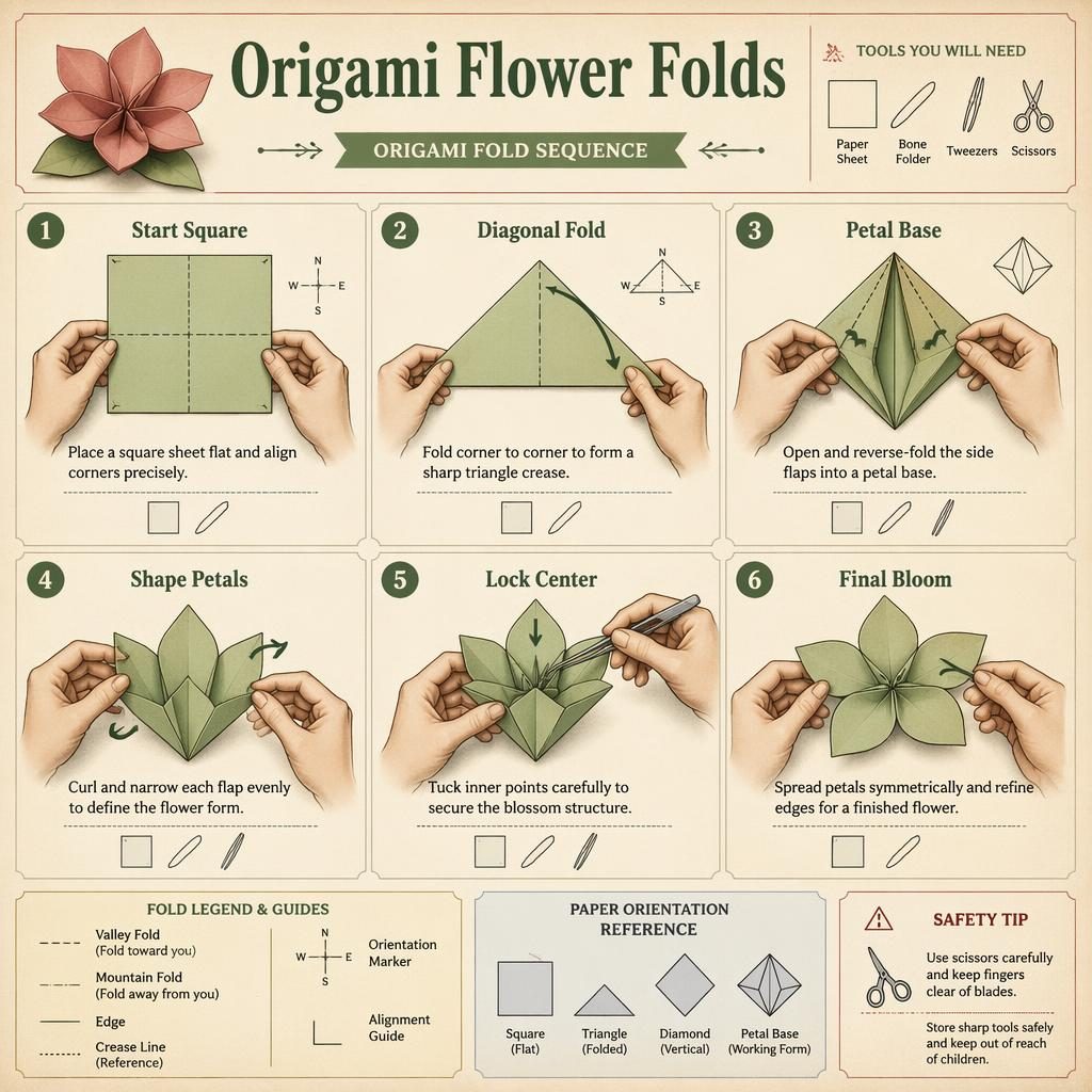 Vintage-style origami flower folds infographic with 6 numbered paper-fold steps, hand diagrams, arrows, legends, tools, and safety tip.