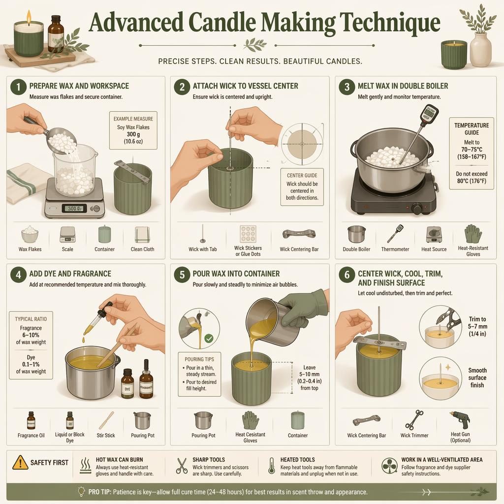 Minimal flat infographic showing 6 numbered candle making steps, hand positions, tool icons, and safety callouts.
