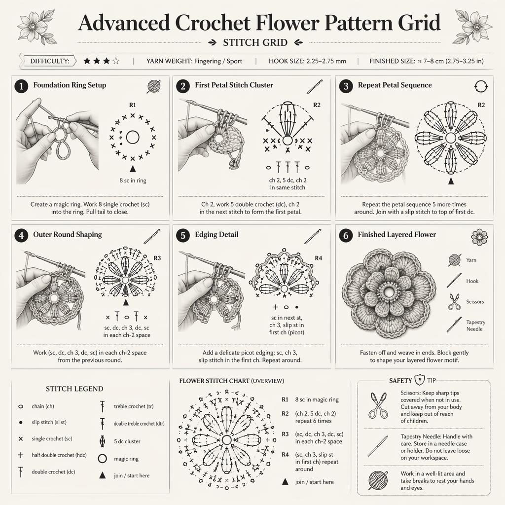 Monochrome DIY-Infografik mit 6 Häkelblüten-Schritten im Raster, Symboldiagrammen, Werkzeugicons und Sicherheitshinweis.