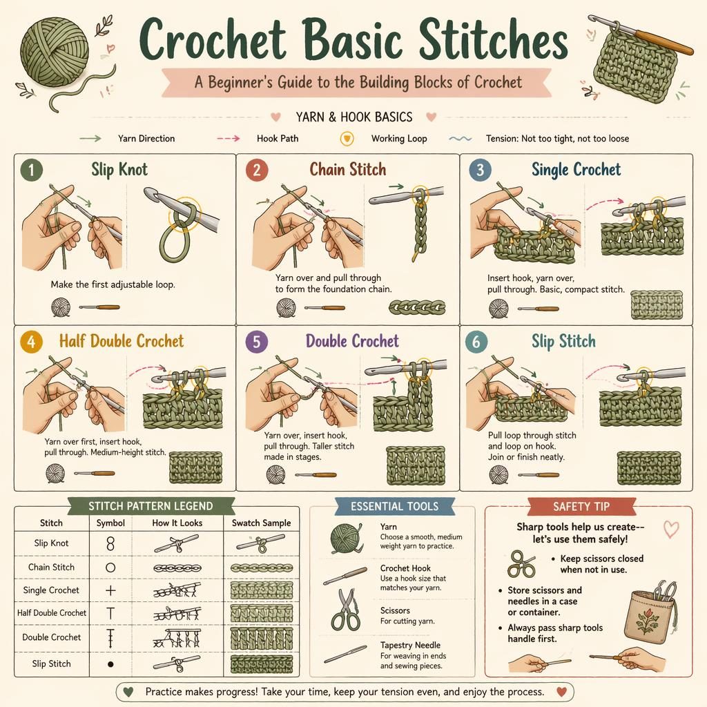 Crochet basic stitches infographic with 6 numbered diagrams, hand positions, stitch legend, tool icons, and safety tip.