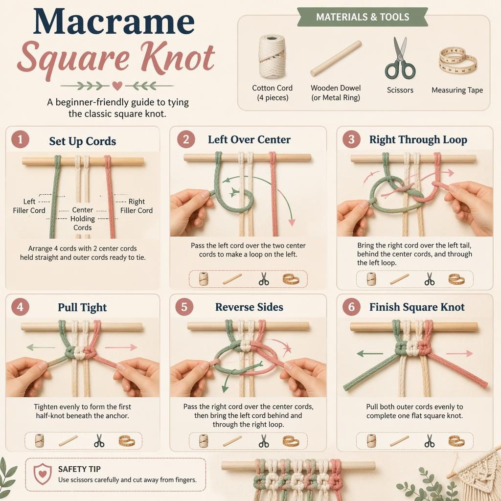 Pastel DIY infographic showing 6 numbered steps for a macrame square knot with 4 cords, hand positions, arrows, icons, and safety tip.