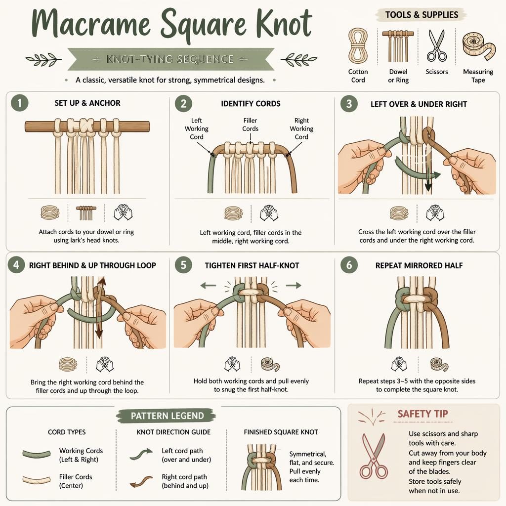 Macrame square knot infographic with 6 numbered steps, hand diagrams, cord legend, arrows, tool icons, and safety tip.