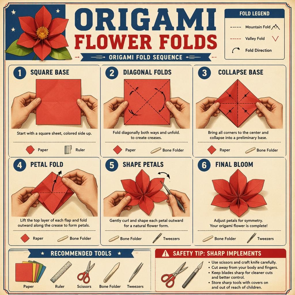 Vintage-style origami flower fold infographic with 6 numbered steps, hand diagrams, arrows, tool icons, and safety tip.