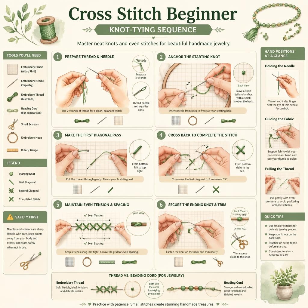 Vertical cross stitch beginner infographic with 6 numbered steps, hands, thread, needle, grid, icons, arrows, and safety tip.