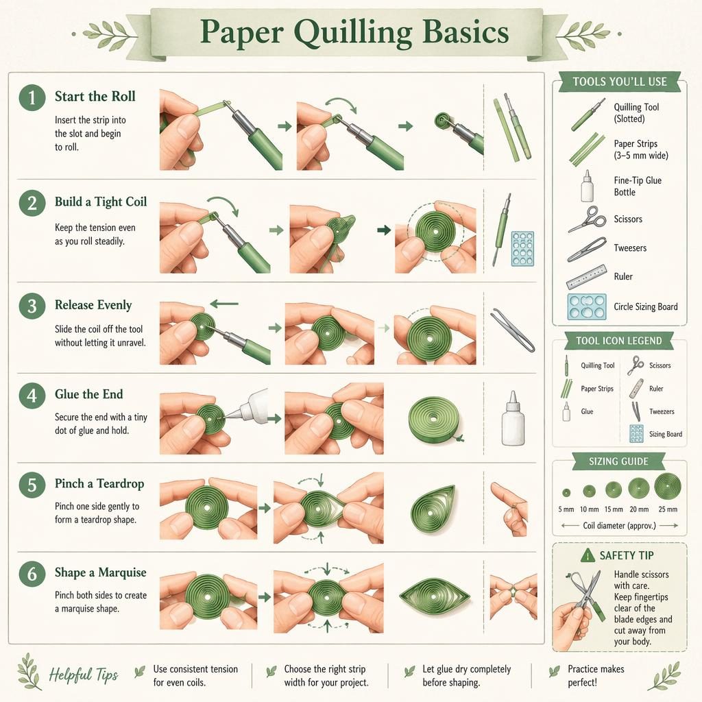 Watercolor craft infographic showing 6 paper quilling steps with hands, tools, arrows, and a scissor safety tip.