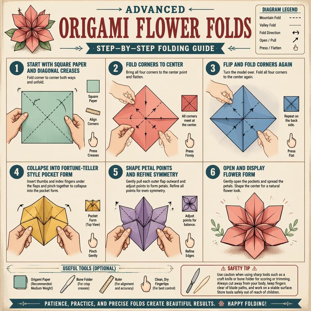 DIY origami infographic with 6 numbered fold diagrams, hands, arrows, labels, and flower-form steps on aged cream background.