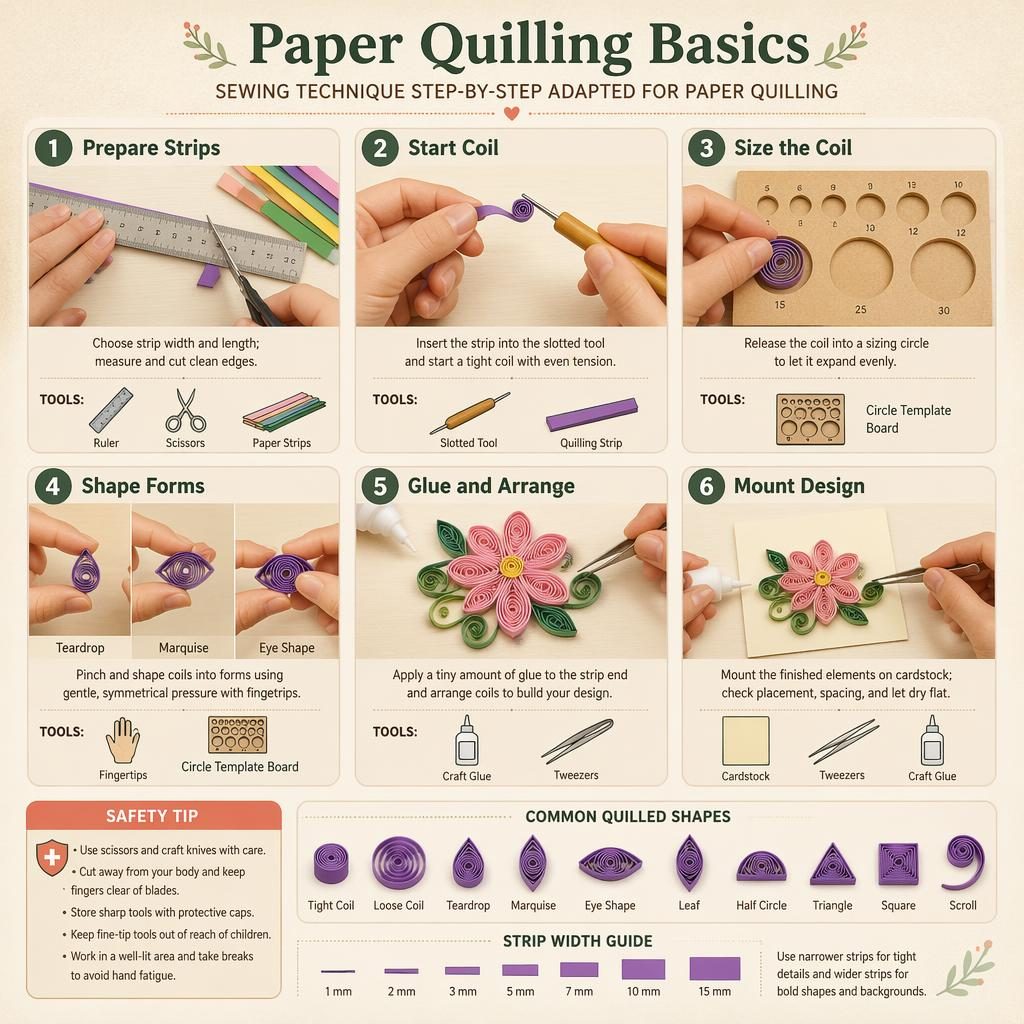 Minimal craft infographic poster showing 6 paper quilling steps, tool icons, shape legend, and safety tip panel.