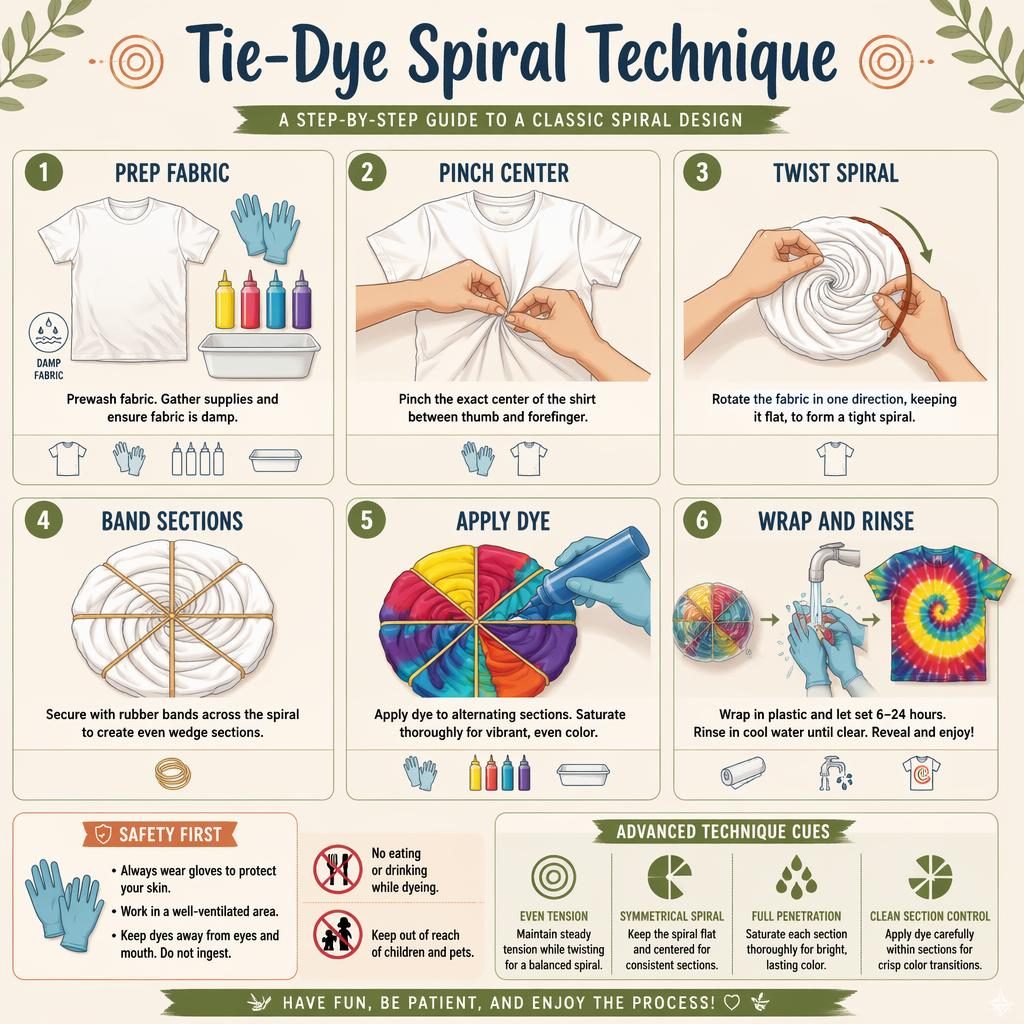 Minimal craft infographic showing 6 tie-dye spiral steps with hands, shirt, dye bottles, rubber bands, tools, and safety tip.