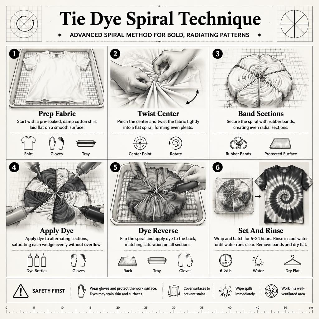 Monochrome DIY infographic with 6 numbered panels showing tie dye spiral technique on a T-shirt, hands, tools, icons, and result.