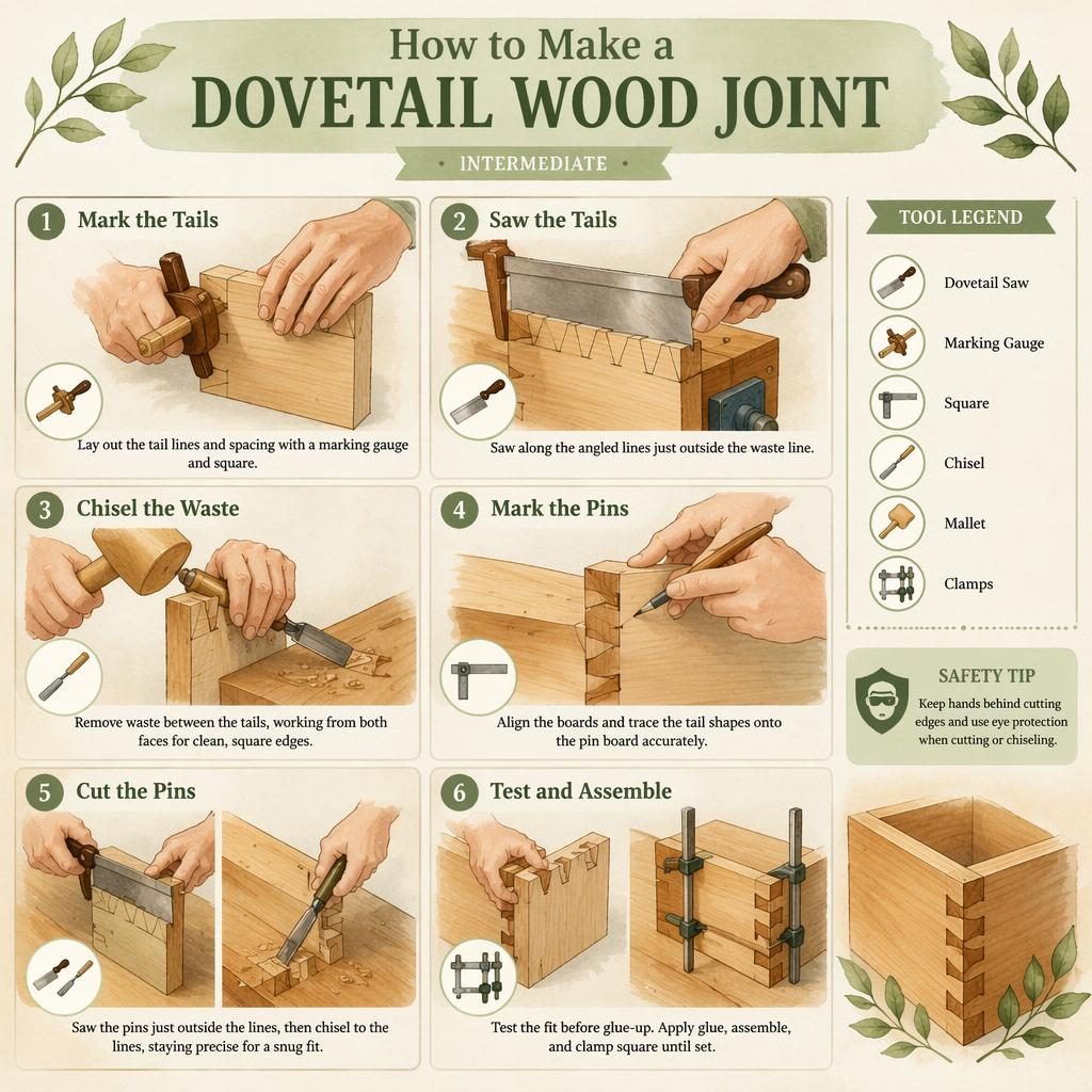 Vertical 6-step watercolor infographic showing how to make a dovetail wood joint with hands, saw, chisel, mallet, clamps, and safety tip.