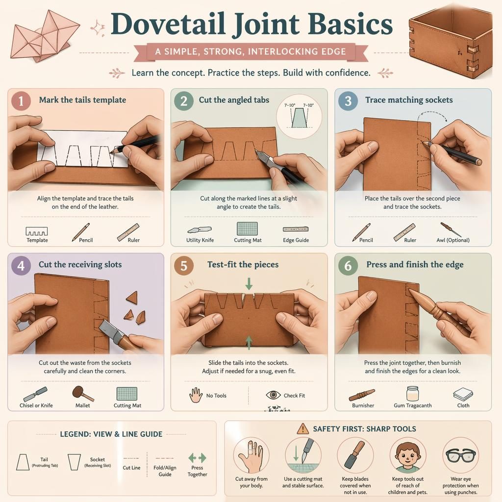 Pastel DIY infographic shows 6 numbered leatherworking steps for a dovetail-style joint with hands, tools, arrows, guides, and safety tip.