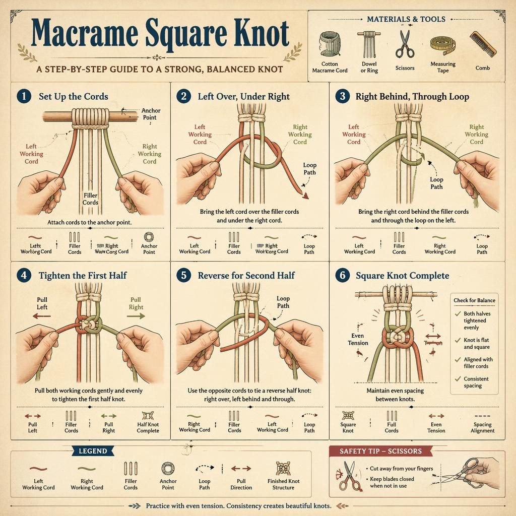 Vintage-style macrame square knot infographic with 6 numbered steps, hand diagrams, cord labels, arrows, icons, and safety tip.