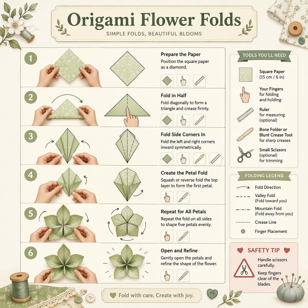 Watercolor origami flower folding infographic with 6 numbered steps, hand diagrams, tool icons, legends, and safety tip.