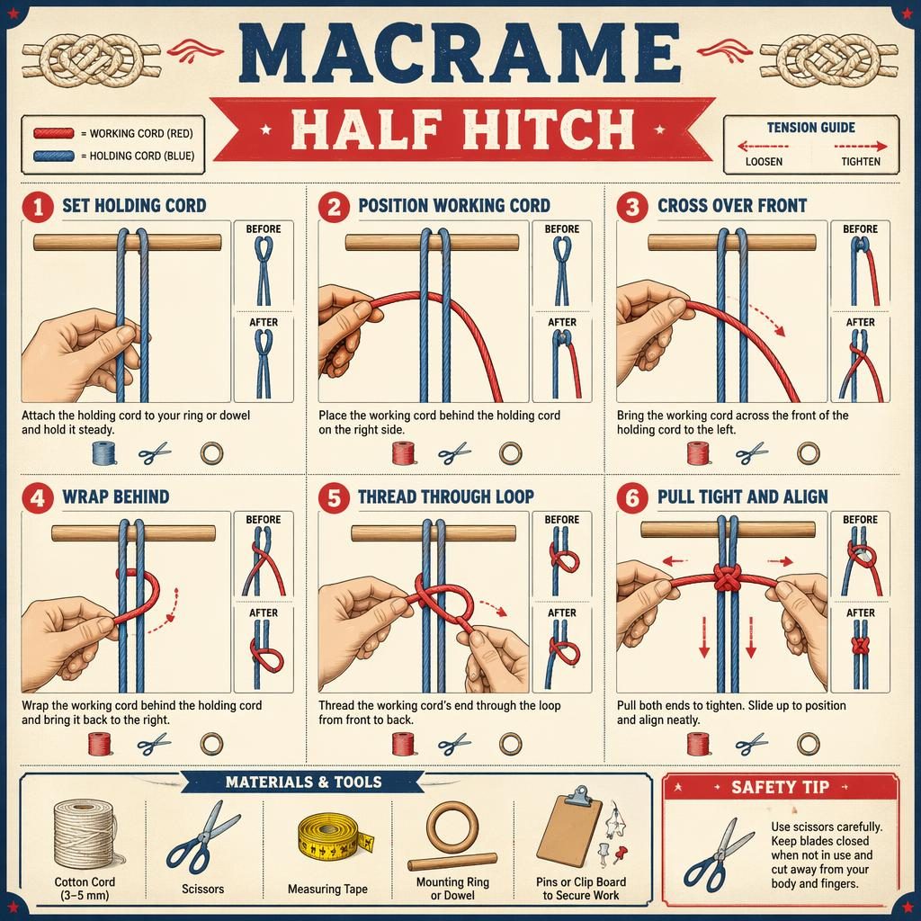 DIY-Infografik zu Makramee Half Hitch mit 6 nummerierten Schritten, Händen, roten und blauen Kordeln, Pfeilen und Icons.