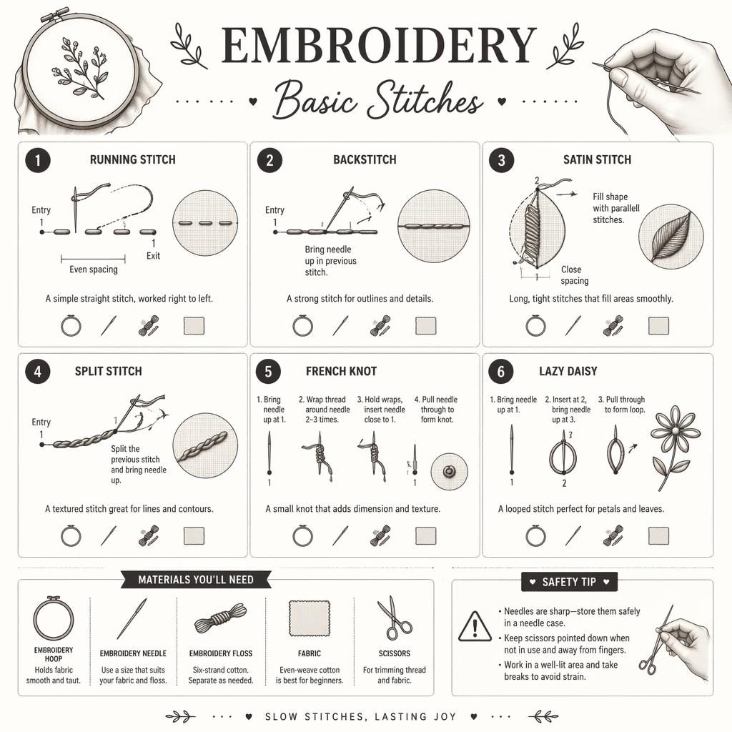 Monochrome DIY-Infografik mit 6 Stickstich-Panels, Stickrahmen, Nadel, Fadenpfaden, Legende und Sicherheitshinweis.